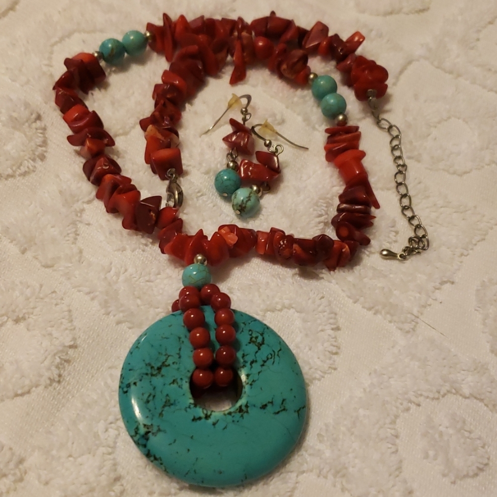 Real coral & turquoise necklace/earrings